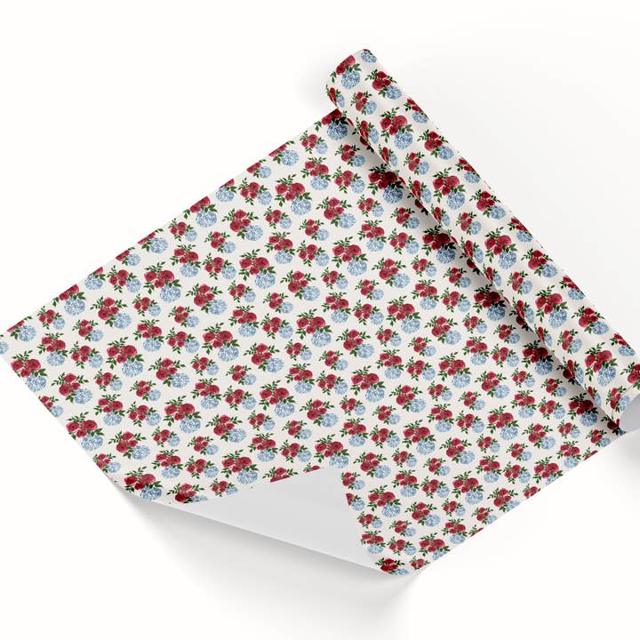 Red Roses in White and Blue Vase Wrapping Paper for wholesale by Jasmine Goodwin Designs
