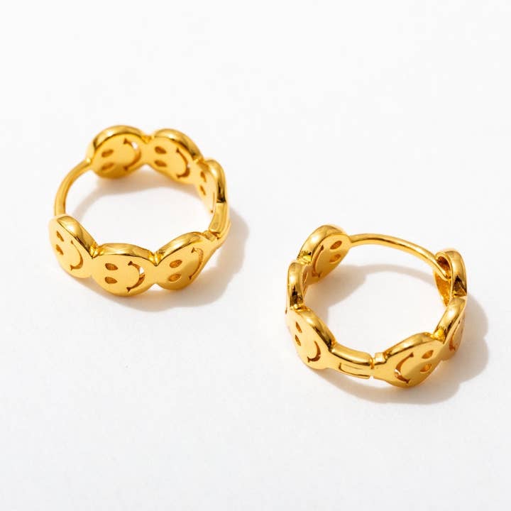 Larissa Loden - Wholesale Huggie Earrings - Smiley 14k Gold Plated Huggie Hoop Earrings0