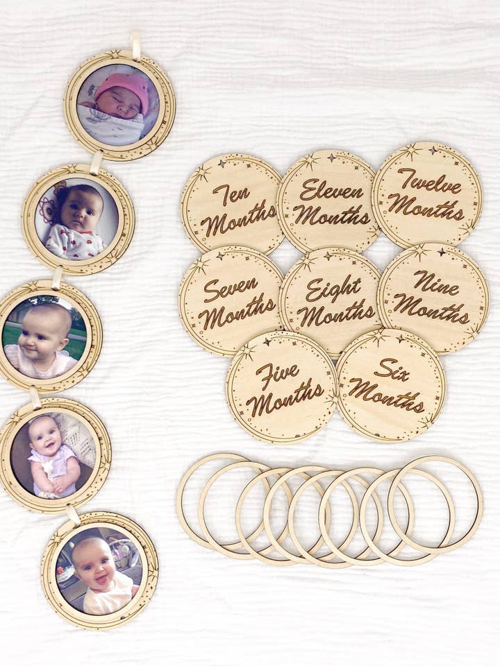 Baby Milestone Markers & Wooden Photo Frame Set, Moon & Stars Design– Wooden Keepsake Set for wholesale by The Beaming Toolbox
