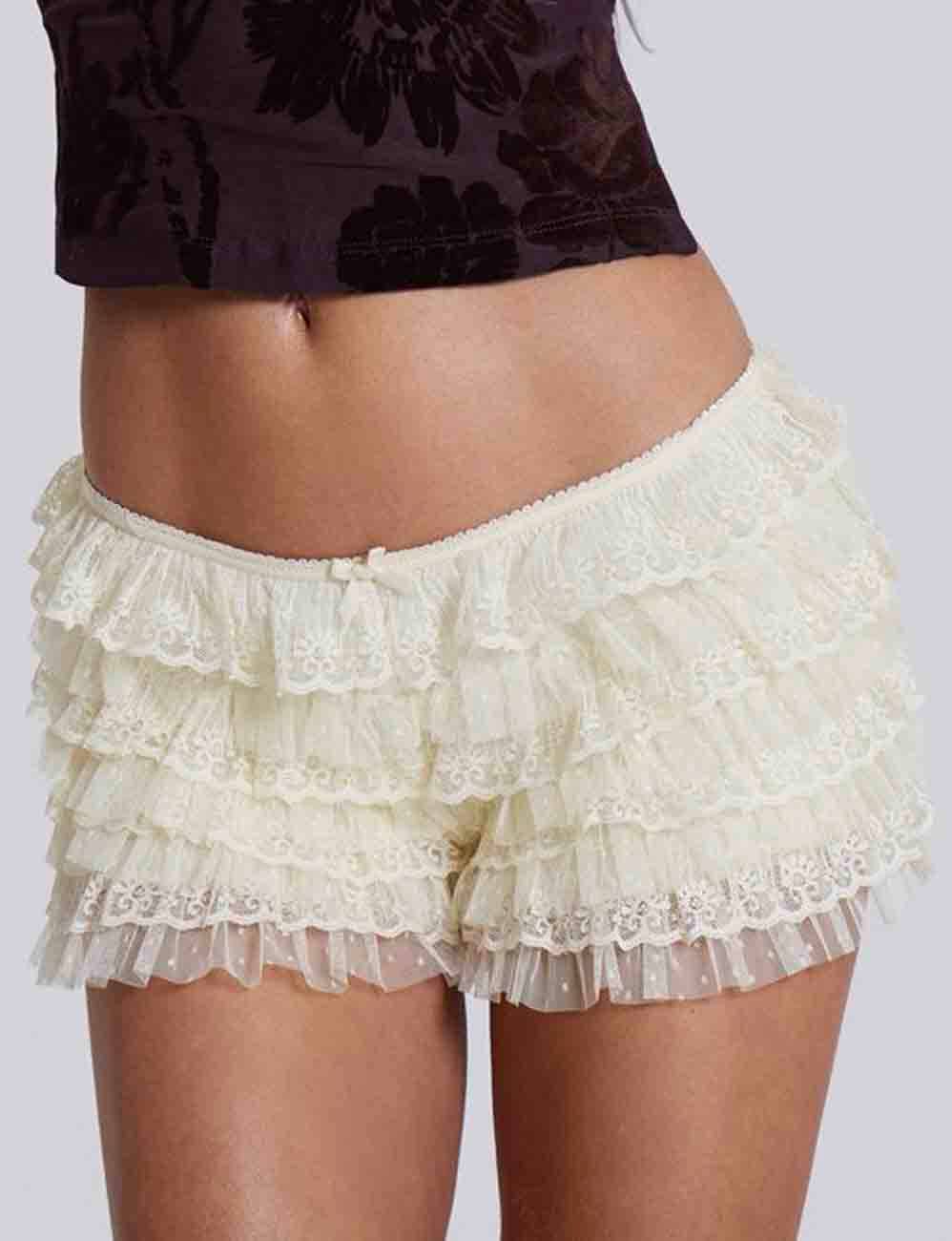 Sweetkama - Vente Short – femme - Shorts à volants en dentelle unie avec nœud pour femmes1