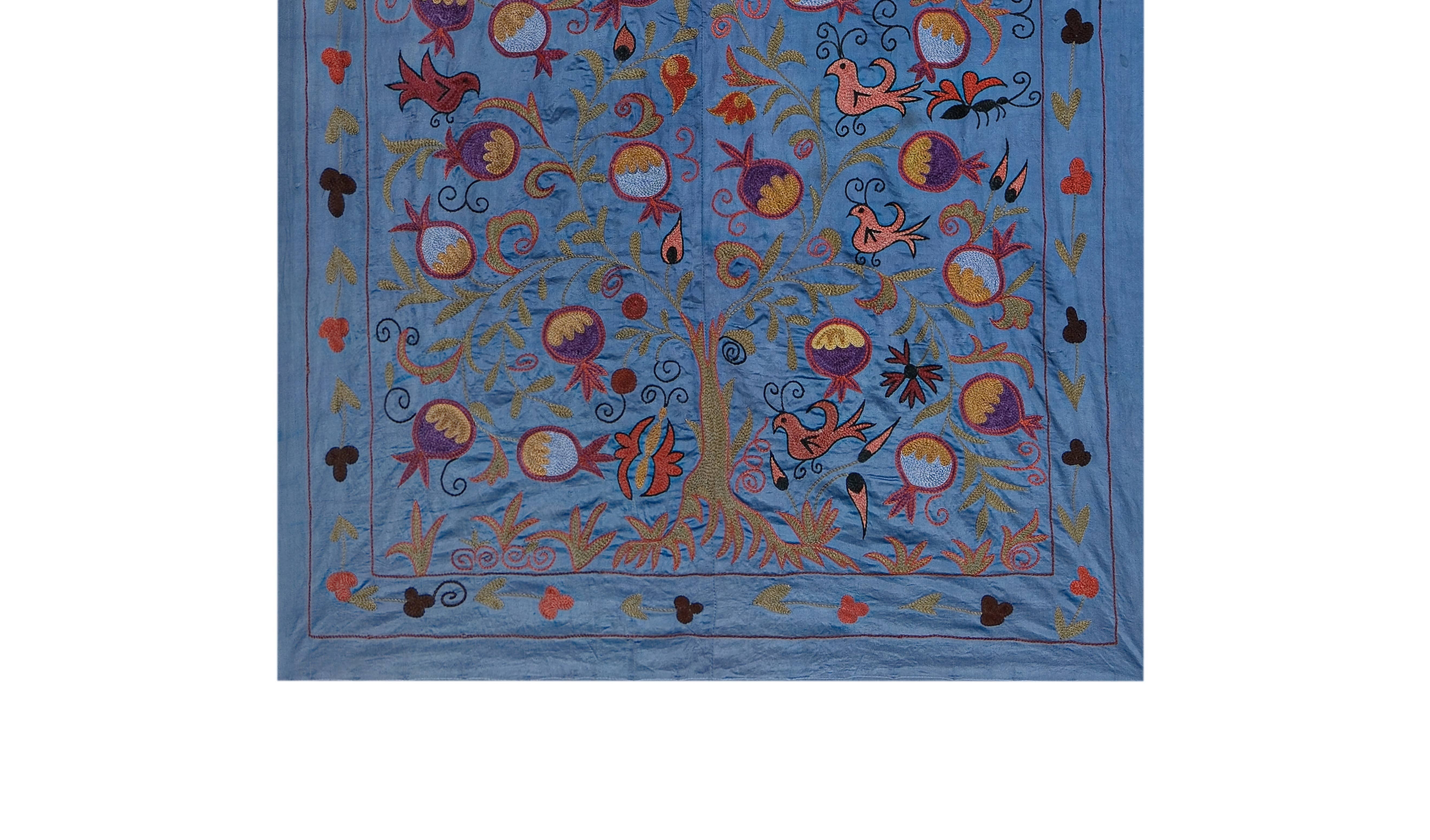 Vintage Pillows Store – wholesale Table runner – 1960s Silk Suzani Blue Runner With Tree of Life Pattern2