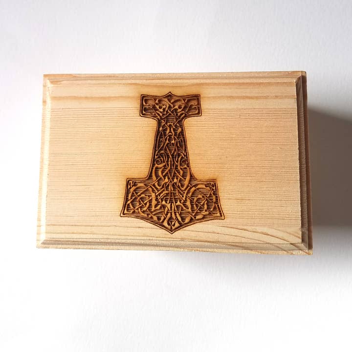 Lyoncraft - Venta al por mayor Cajas decorativas - Mjölnir Thor's Hammer Caja de madera con cierre pequeño