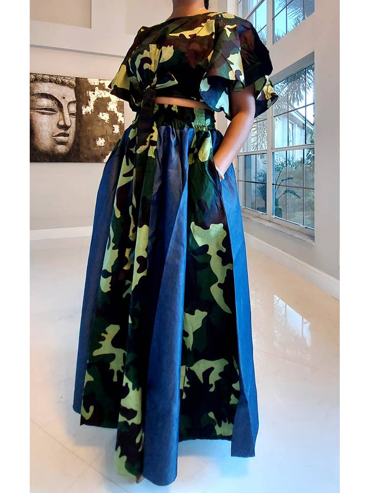Set Woman's Long Skirt & Crop Top Set- Denim/Camouflage for wholesale on Faire