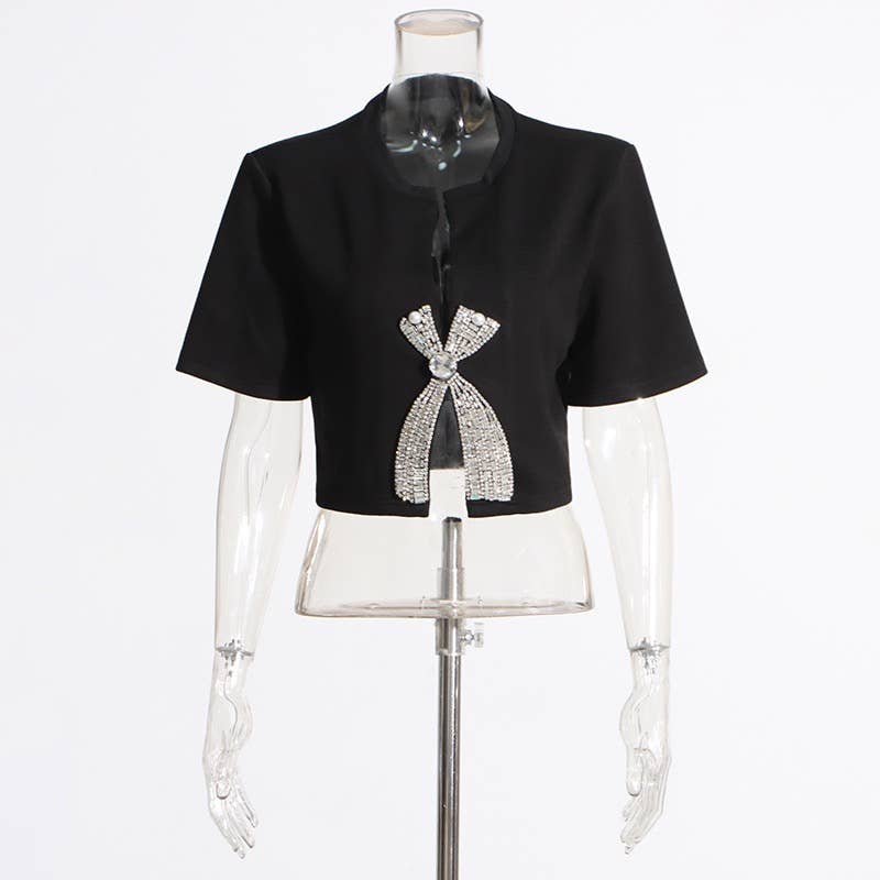 Productseeker - Wholesale Blouse - Women's - TP005 New Diamond Sequined Bow Cropped Top T-shirt15