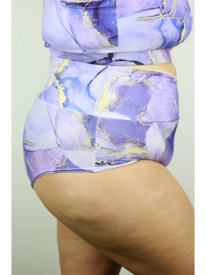 Purple Tutti Frutti High Waisted Brazil Scrunchie Bum Shorts - P for wholesale on Faire