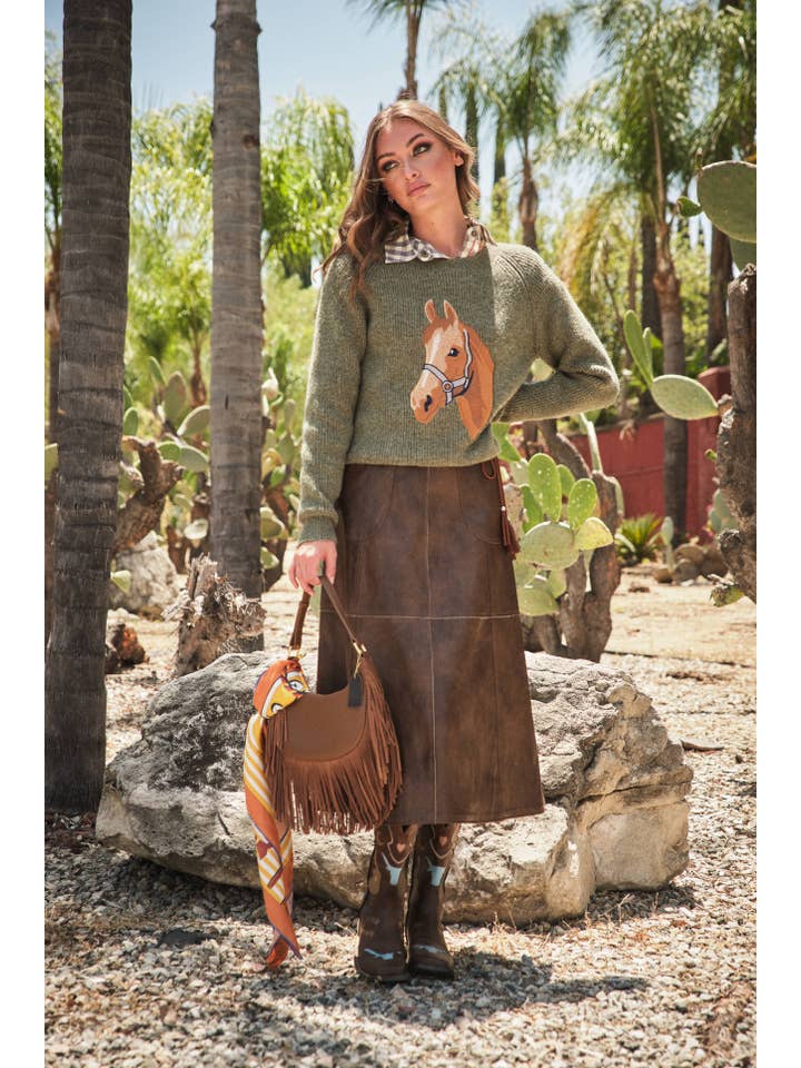 BROWN 37012S - Zigzag Seam Washed Faux Leather Midi Skirt for wholesale on Faire8