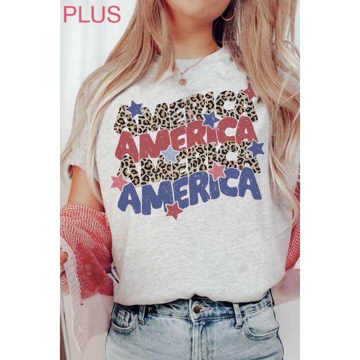 BLUME & CO. - Wholesale T-Shirt (Graphic) - Women's - LEOPARD AMERICA REPEAT Plus Size Graphic Tee