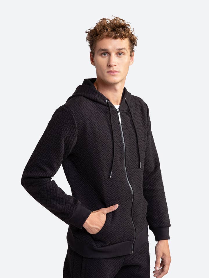 Men's Alsina Gaucho Pattern Zip Hoodie in Black for wholesale by Gaucho Buenos Aires