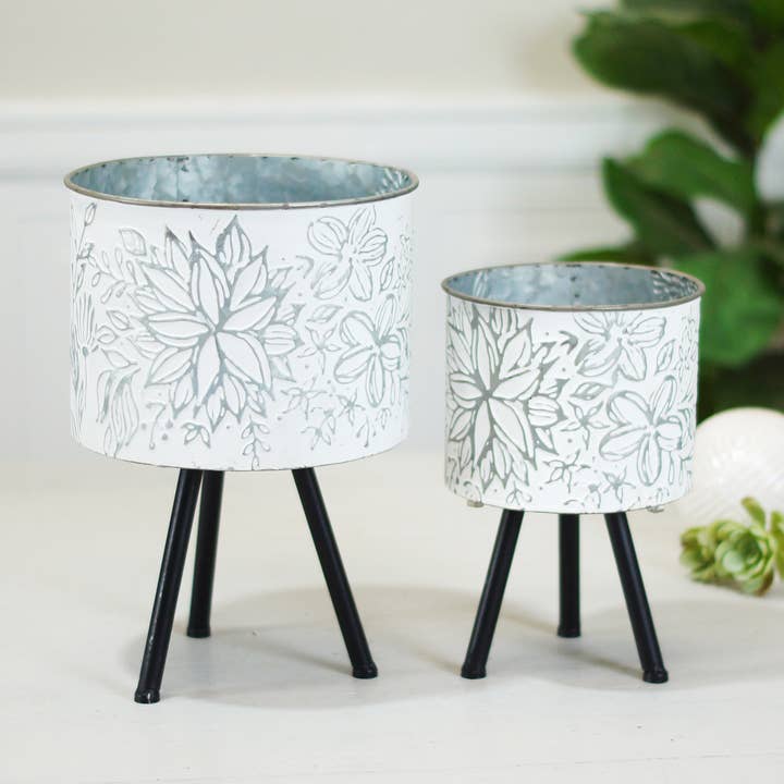 VIP Home & Garden - Wholesale Plant Pot - Metal Embossed Floral Design Planters S/2 15In/12In