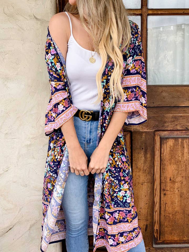 Navy Floral Border Printed Short Sleeve Kimono Cover Up for wholesale by AMOLI