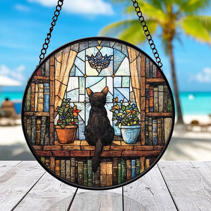 Black Cat Bookshelf Stained Glass Suncatcher, Cozy Cat for wholesale by Glaizyo