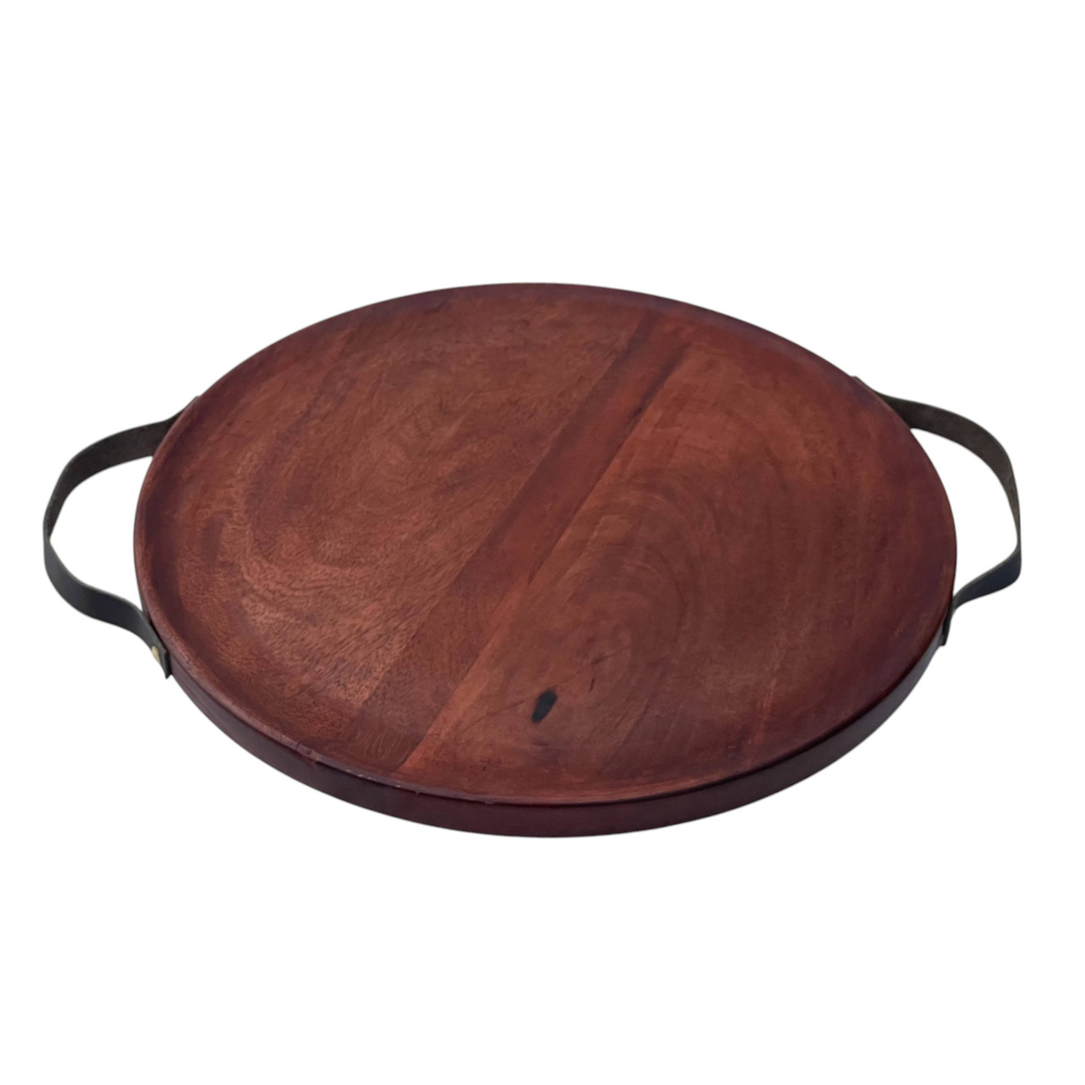 1 DOLLAR IMPORTS, LLC – Bandeja decorativa por atacado – Tabuleiro Redondo de Madeira de Manga Vintage com Pegas de Pele Sintética1