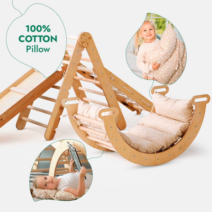 Goodevas - Wholesale Wood Toy - Kids - 5in1 Montessori Climbing Set: Triangle Ladder + Arch/Rocker + Slide Board/Ramp + Netting rope + Cushion5