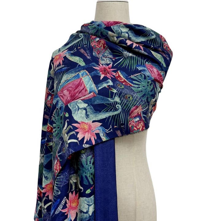 Navy Blue Vintage Indian Elephant & Floral Print Wool Frayed Scarf for wholesale on Faire0