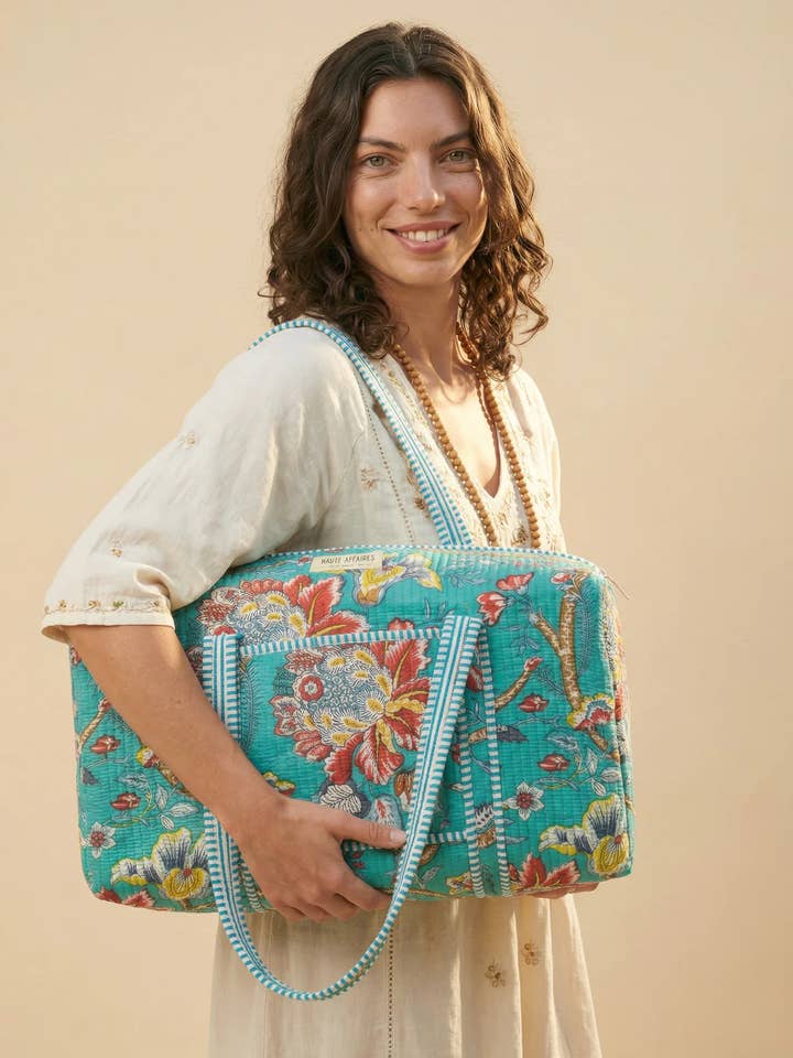 Handmade Block Print quilted Weekender Bag -Turquoise Bloom for wholesale by HAUTE AFFAIRES NYC INC
