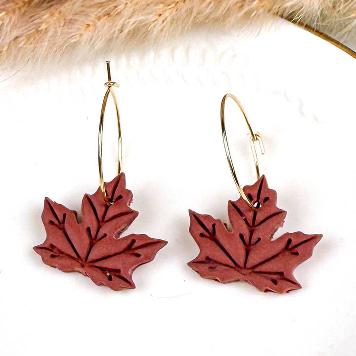 Burgundy Maple Leaf Hoop Earrings – Handmade Clay Jewelry for wholesale by Eden + Willow Collective