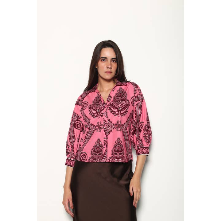 SALMON MOTIFS ELSA TOP for wholesale by Maude-Vivante
