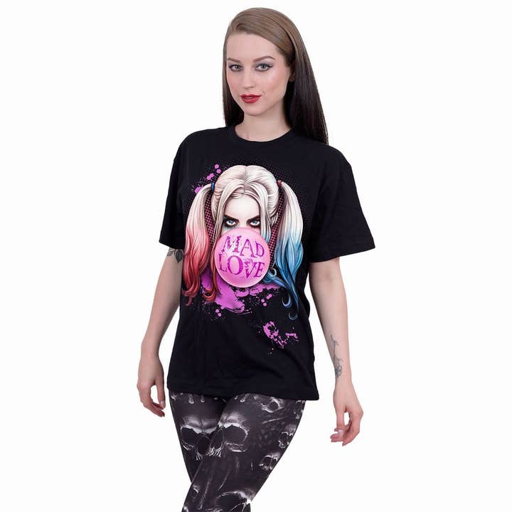 Spiral - Wholesale Screen Printed T-Shirt - Unisex - HARLEY QUINN - MAD LOVE - Front Print T-Shirt Black