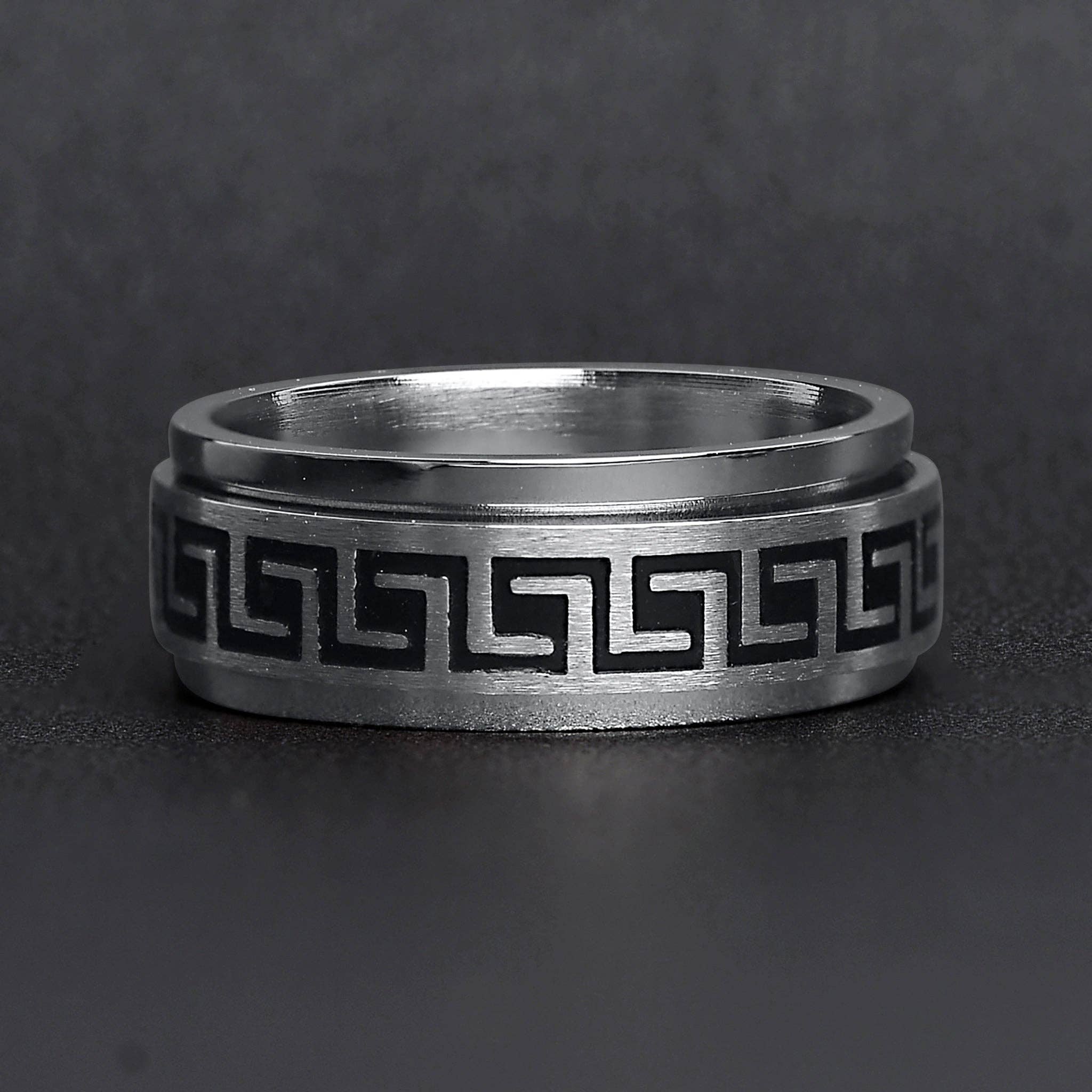 WJW - Wholesale Band/Stacked Ring - Black Greek Key Spinner Center Polished Stainless Steel Ring3