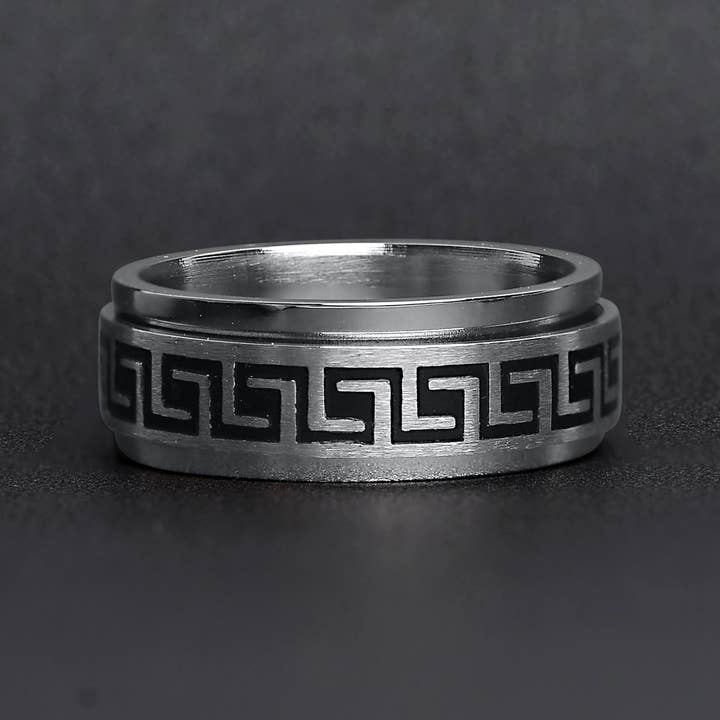WJW - Wholesale Band/Stacked Ring - Black Greek Key Spinner Center Polished Stainless Steel Ring3