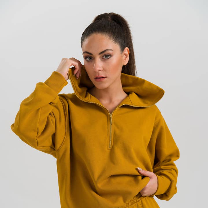 % 100 Økologisk Bomuld Halv lynlås Sweatshirt i Orange for engroshandel hos HOELO