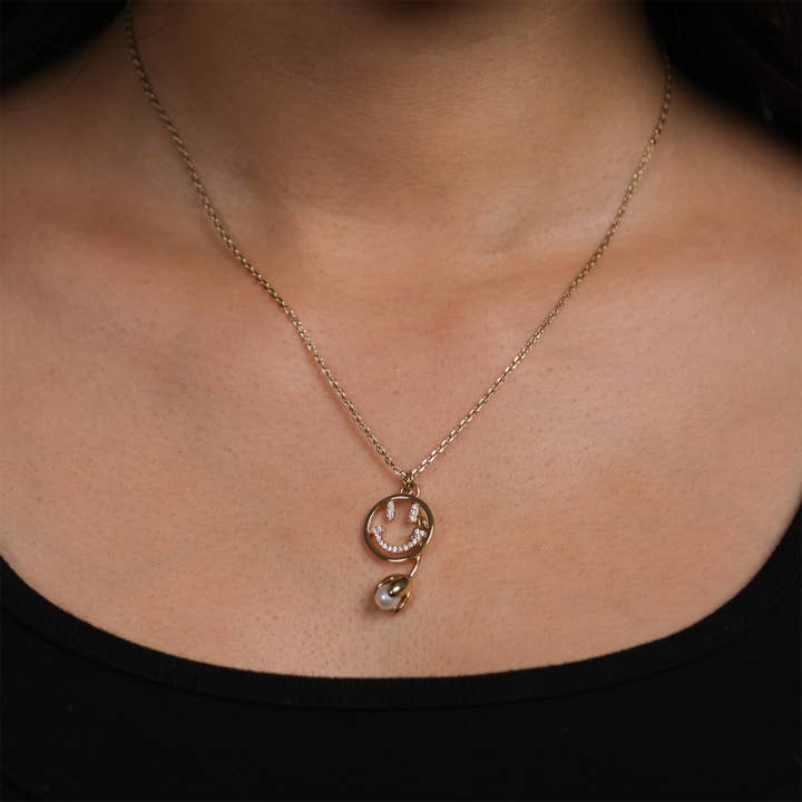 14K Gold Plated Smiley & Tulip with Pearl Pendant Necklace for wholesale by GirlyPirateCo
