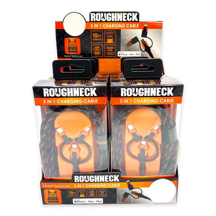 Roughneck 3-IN-1 10 ft Charging Cable Assortment - 6/Display for wholesale by Novelty Brands