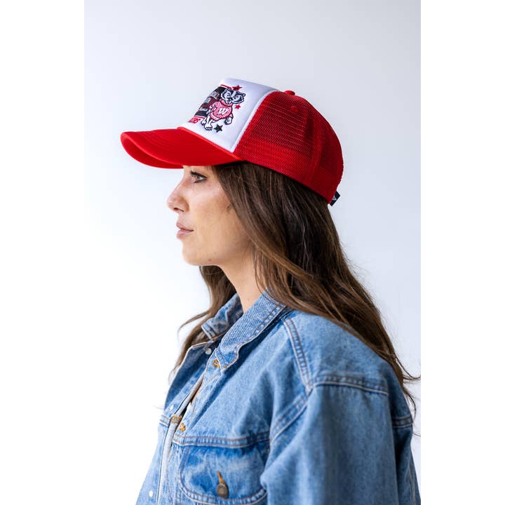 WHITETRUERED Wisconsin Layer Patch Foam Trucker Hat for wholesale on Faire1