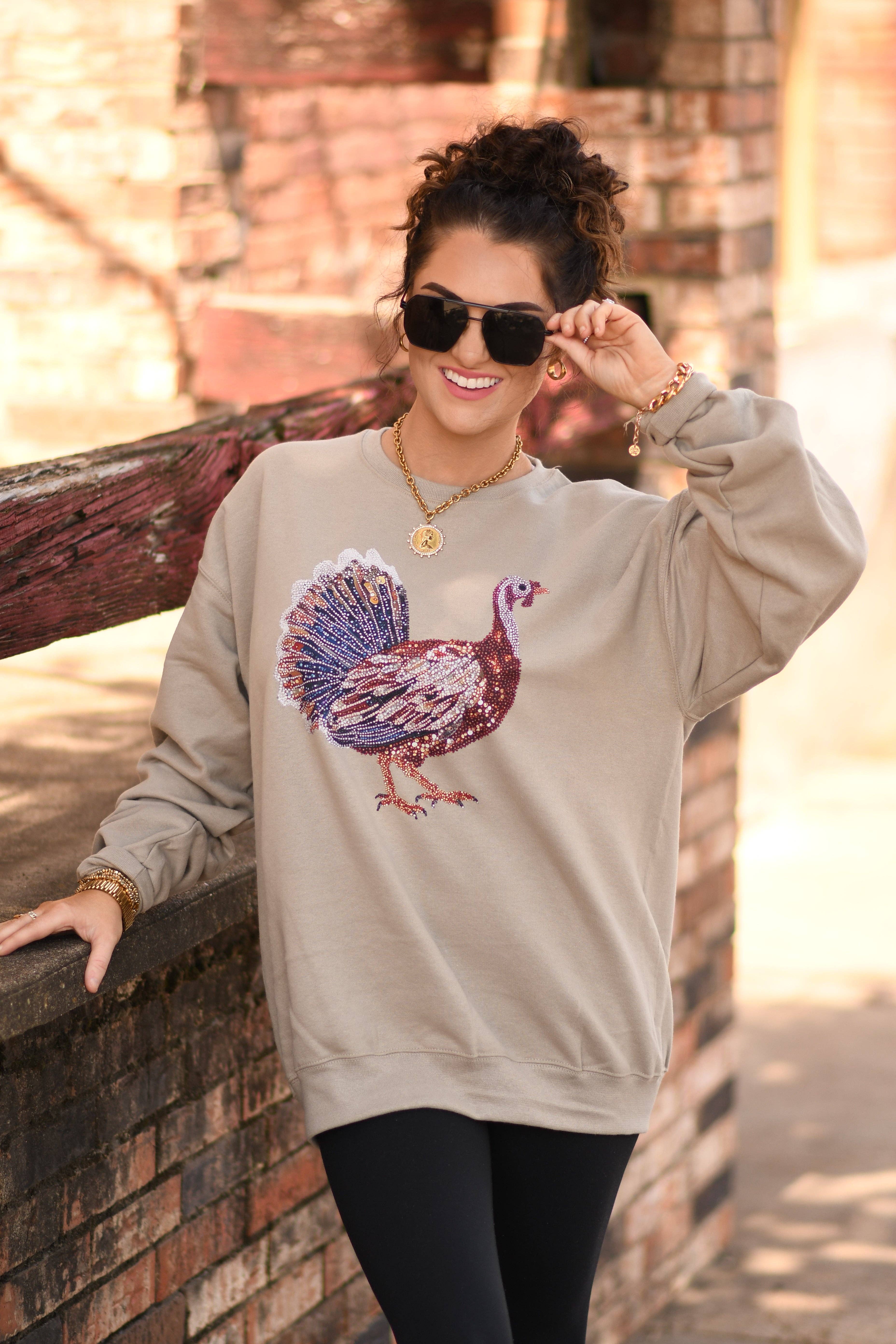 Khaki Faux Rhinestone Turkey Sweatshirt for wholesale on Faire1