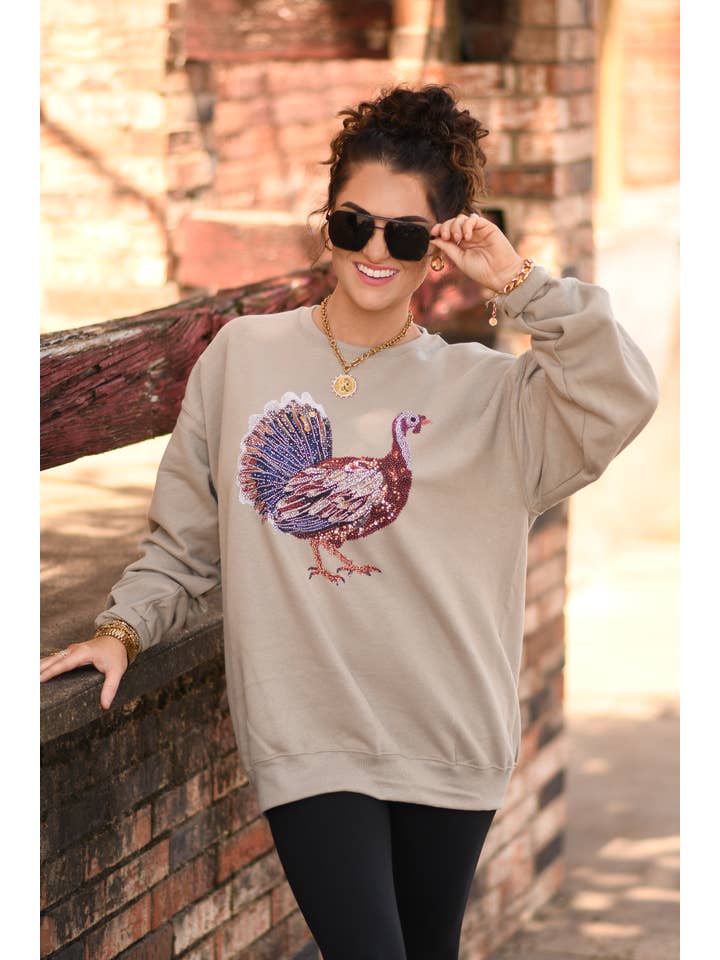 Khaki Faux Rhinestone Turkey Sweatshirt for wholesale on Faire1
