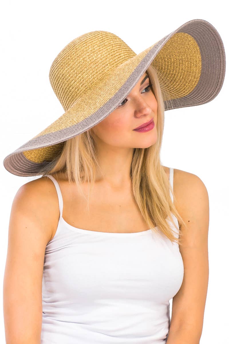 Cap Zone - Wholesale Straw Hat - Women's - Mixed Natural Stripe Trim Wide Floppy Sun Hat19
