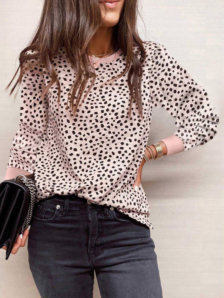 FULL TIME PURCHASE - Wholesale Blouse - Women's - Animal Spotted Print Round Neck Long Sleeve Top