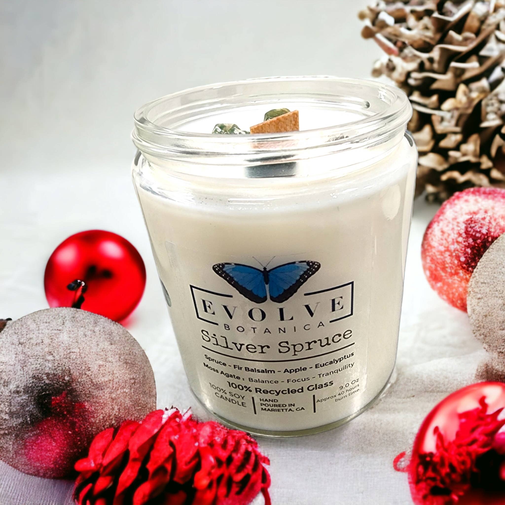 Evolve Botanica - Wholesale Jar/Filled Candle - Wood Wick Crystal Soy Candle Jar - Silver Spruce Moss Agate1