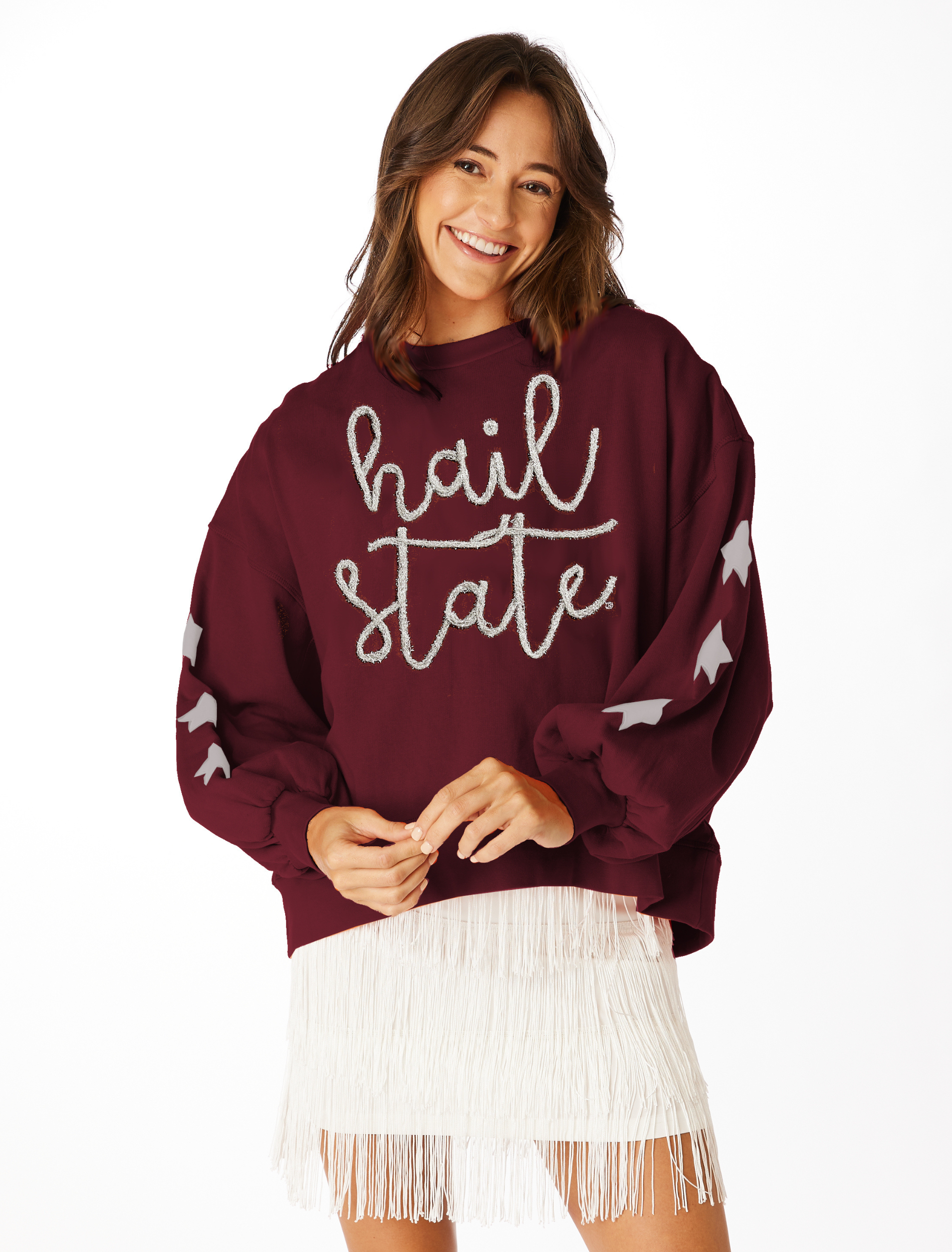 Stewart Simmons – Sweatshirt - Mulher por atacado – Pullover de balão da script de glitter de granizo0