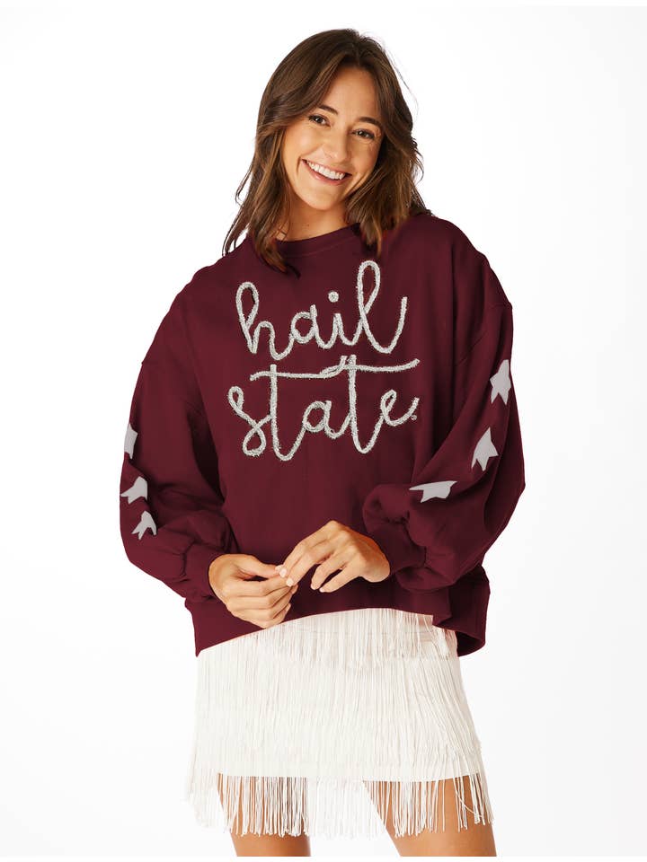 Stewart Simmons – Sweatshirt - Mulher por atacado – Pullover de balão da script de glitter de granizo