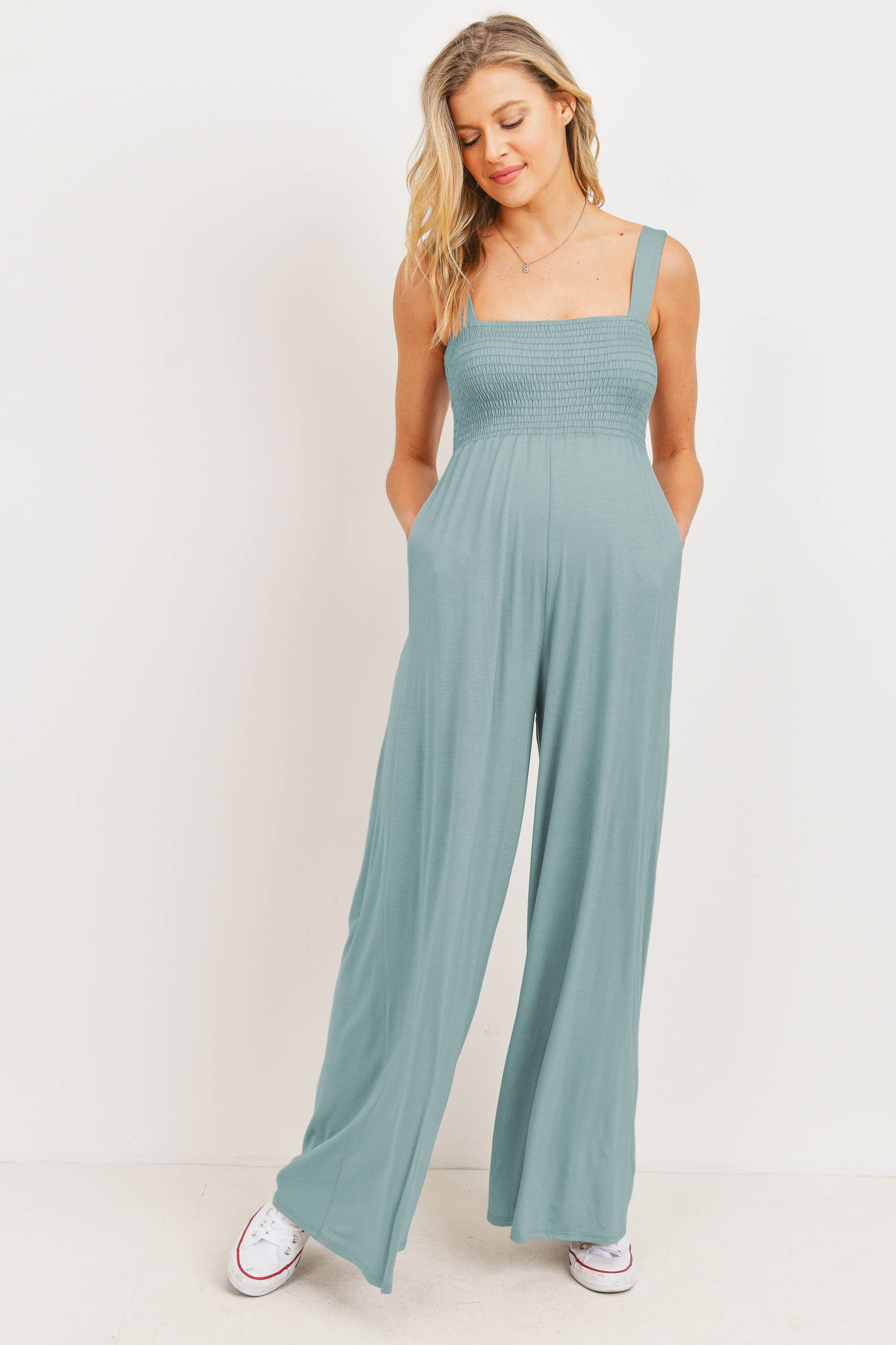 Hello Miz - Wholesale Lounge Romper - Maternity - Sleeveless Smocked Maternity Wide Leg Jumpsuit 10