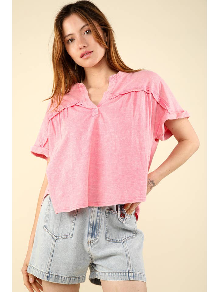 VERY J - Wholesale Knit Top - Women's - NT11769-Split Neck Washed Knit Top