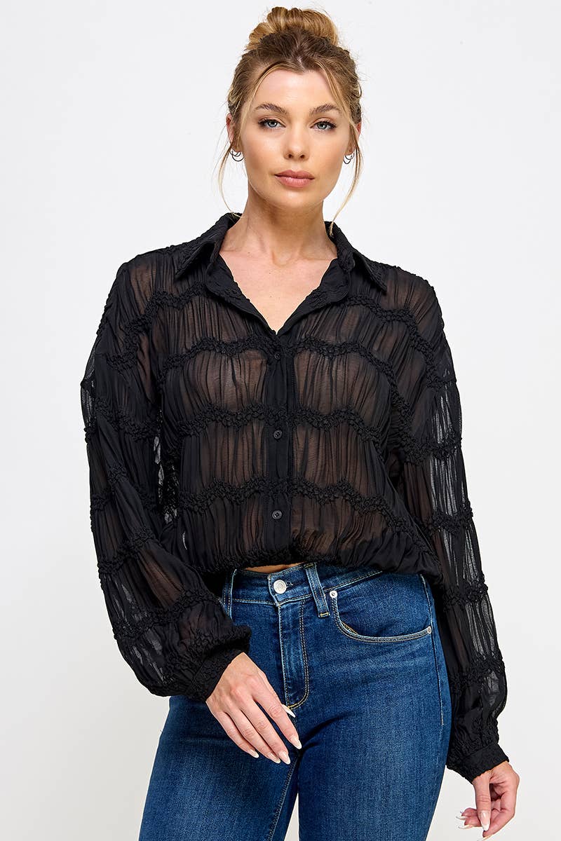 Allie Rose - Wholesale Button Down Shirt - Women's - Romantic Sheer Button Front Blouse0