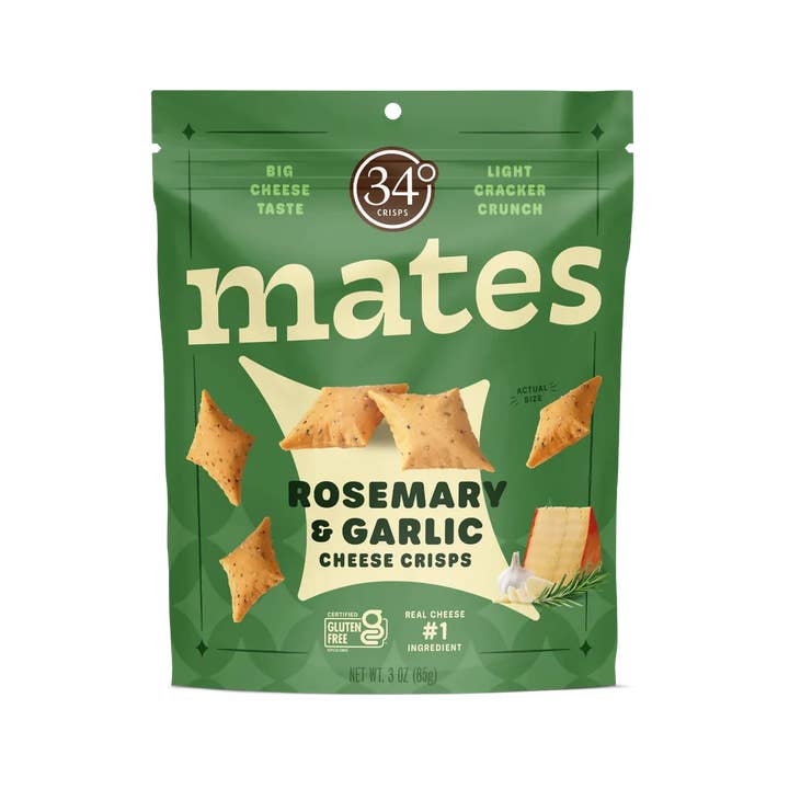 34 Degrees - Wholesale Crackers - Gluten Free Rosemary Garlic Mates Cheese Crisps-12 CT