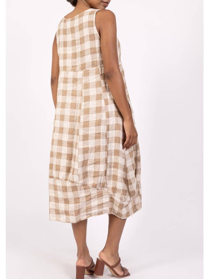 LINEN & COTTON HOUSE - Wholesale Dress β Women's - LINEN DRESS WITH POCKETS, GINGHAM CHECK PATTERN 32214