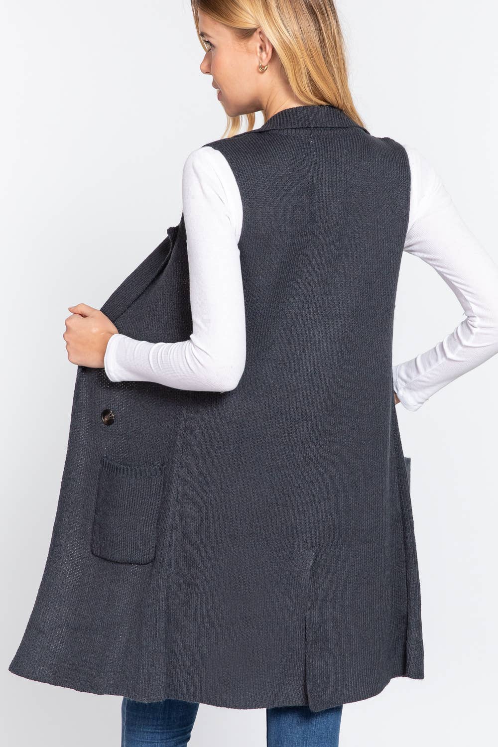 Active Basic | Active USA - Wholesale Outerwear Vest - Women's - Sleeveless Notched Collar Long Sweater Vest10