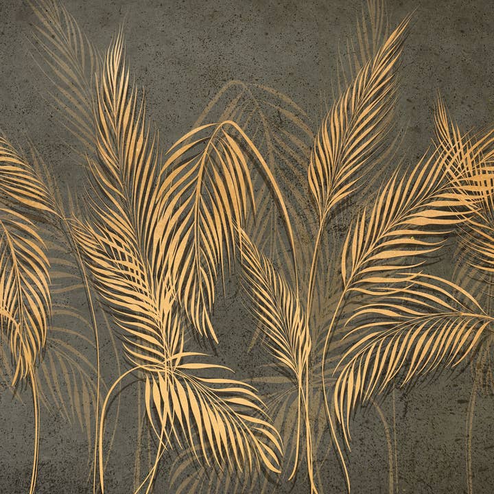 Gold Palm Leaves Wallpaper, Tropical Mural, Oversized Custom Size Wall Art, Non-Woven, Non-Adhesive, Modern Wall Paper, Removable for wholesale by Walloro Luxury Embossed Wallpaper