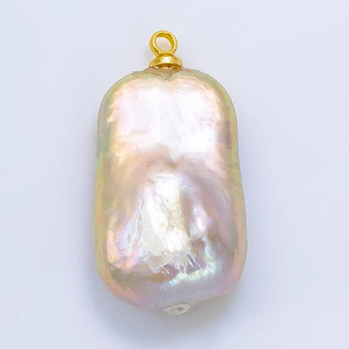 24K Gold Filled White Iridescent Rectangle Biwa Freshwater Pearl Charm | P1907 for wholesale by Aim Eternal