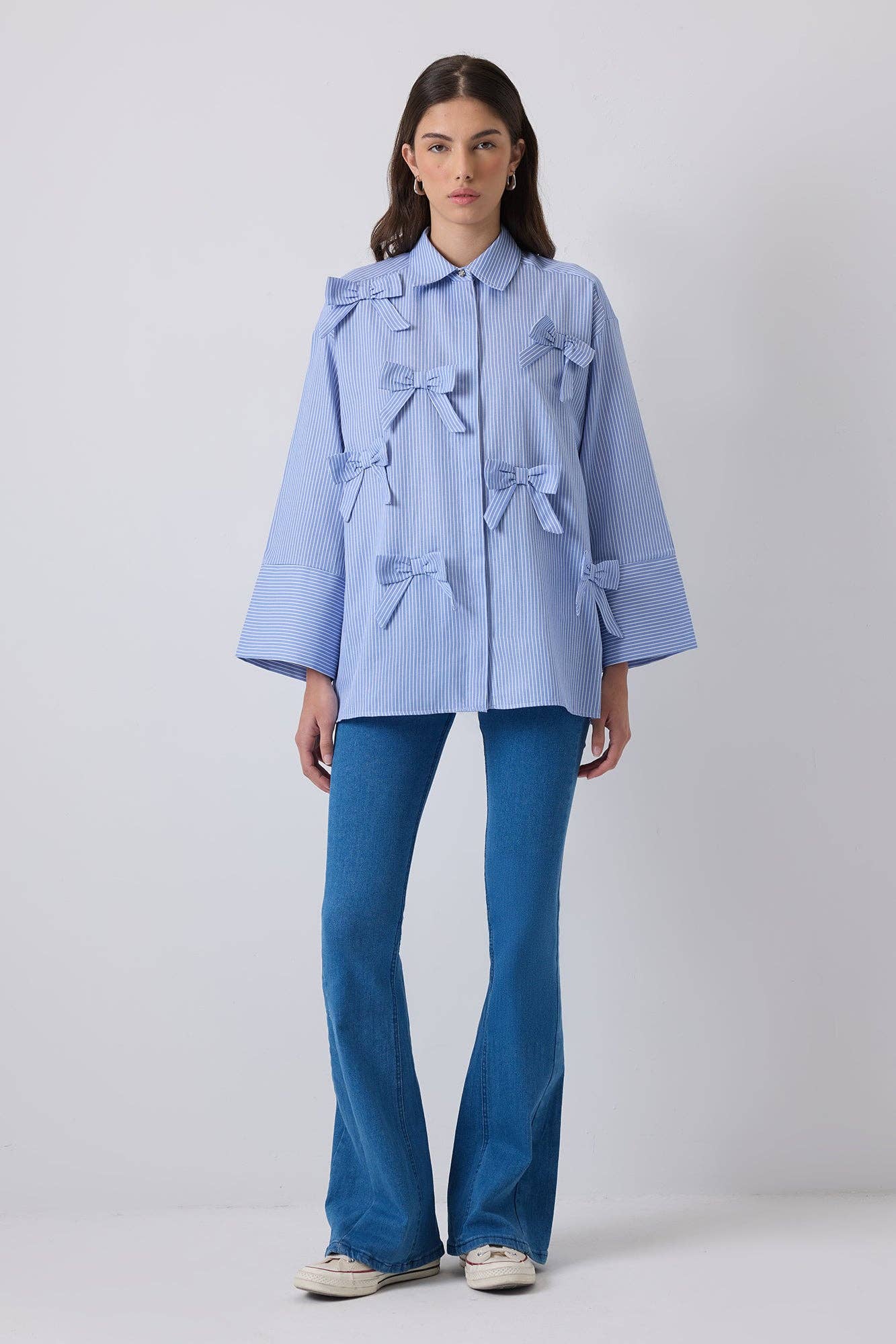 Blue STRIPED POPLIN COTTON SHIRT WITH STATEMENT BOWS  for wholesale on Faire0