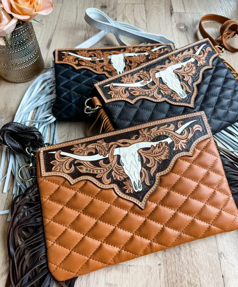 Boho Ranch Shop - Wholesale Crossbody Bag - Women's - LAINEY CROSSBODY steer longhorn -quilted leather purse bag10