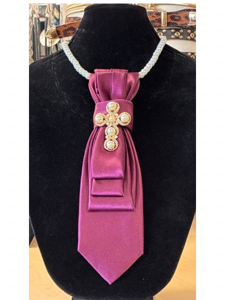 Custom Necktie Necklace - Burgundy with Gold Pearl Cross for wholesale by See it…Love it…Buy it