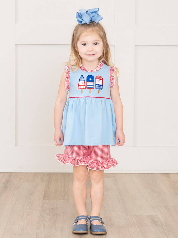 Marie Nicole Clothing - Wholesale Top & Short Set - Kids - Red, White, & Blue Ruffle Popsicle Outfit