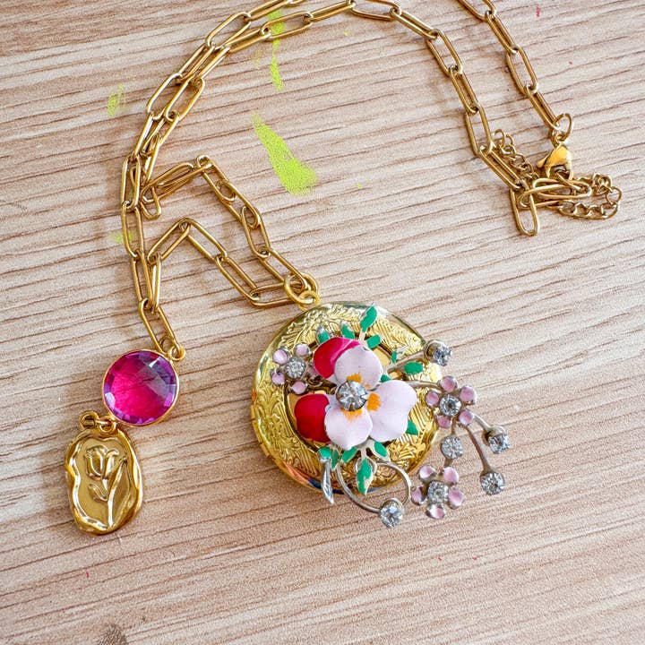 Jo Noelle - Wholesale Pendant/Charm Necklace - Floral Gold Locket and Gemstone handmade Necklace, OOAK