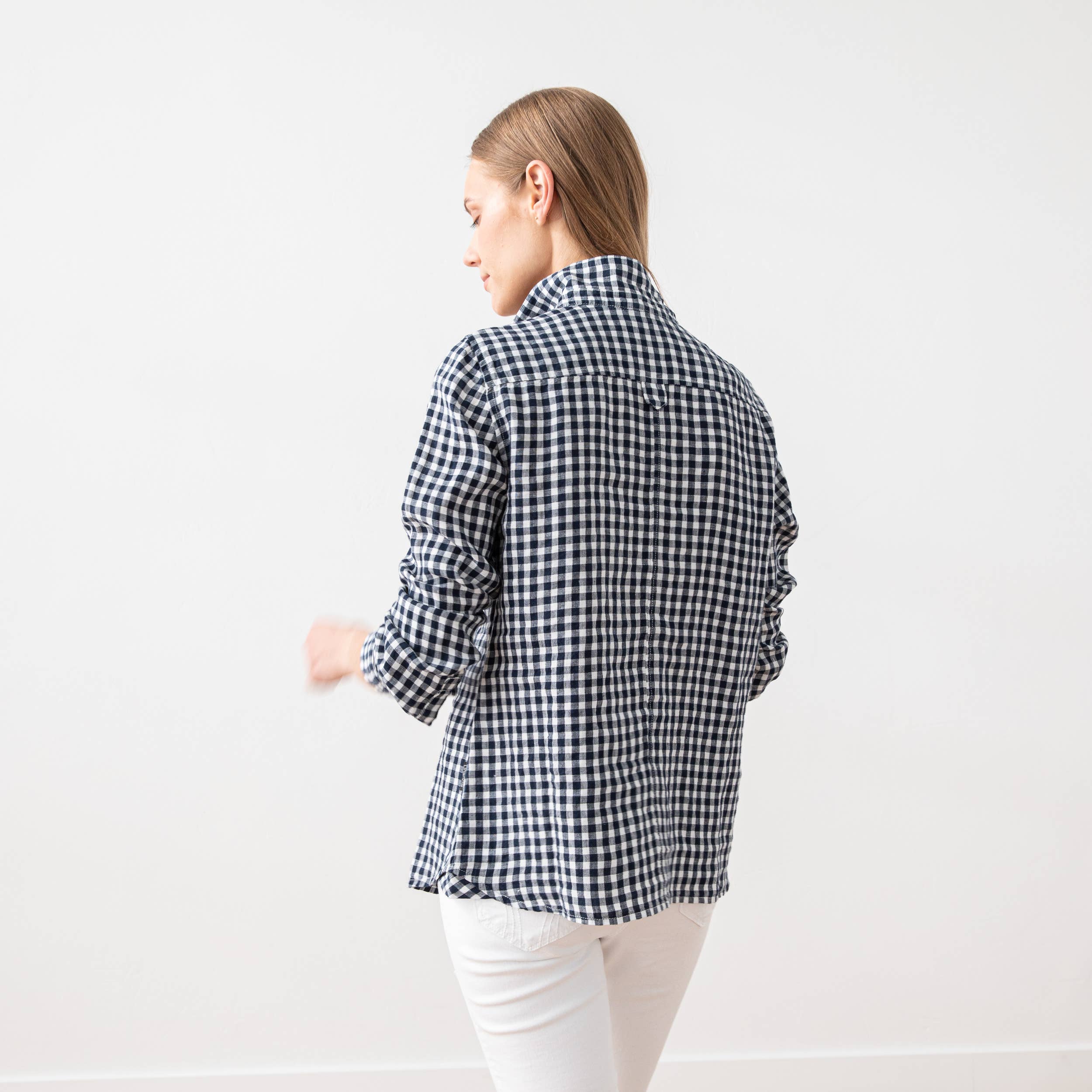 LinenMe - Vente Chemise à col boutonné – femme - Chemise en lin bleu marine à carreaux Ernesto6