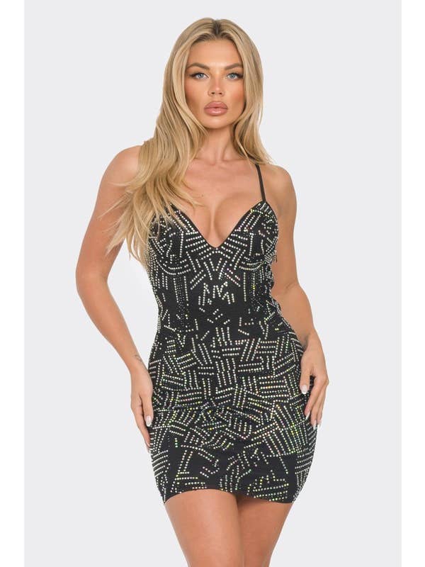 BANJUL - Wholesale Dress - Women's - BCCDS62728 Rhinestone V-Neck Bodycon Mini Dress